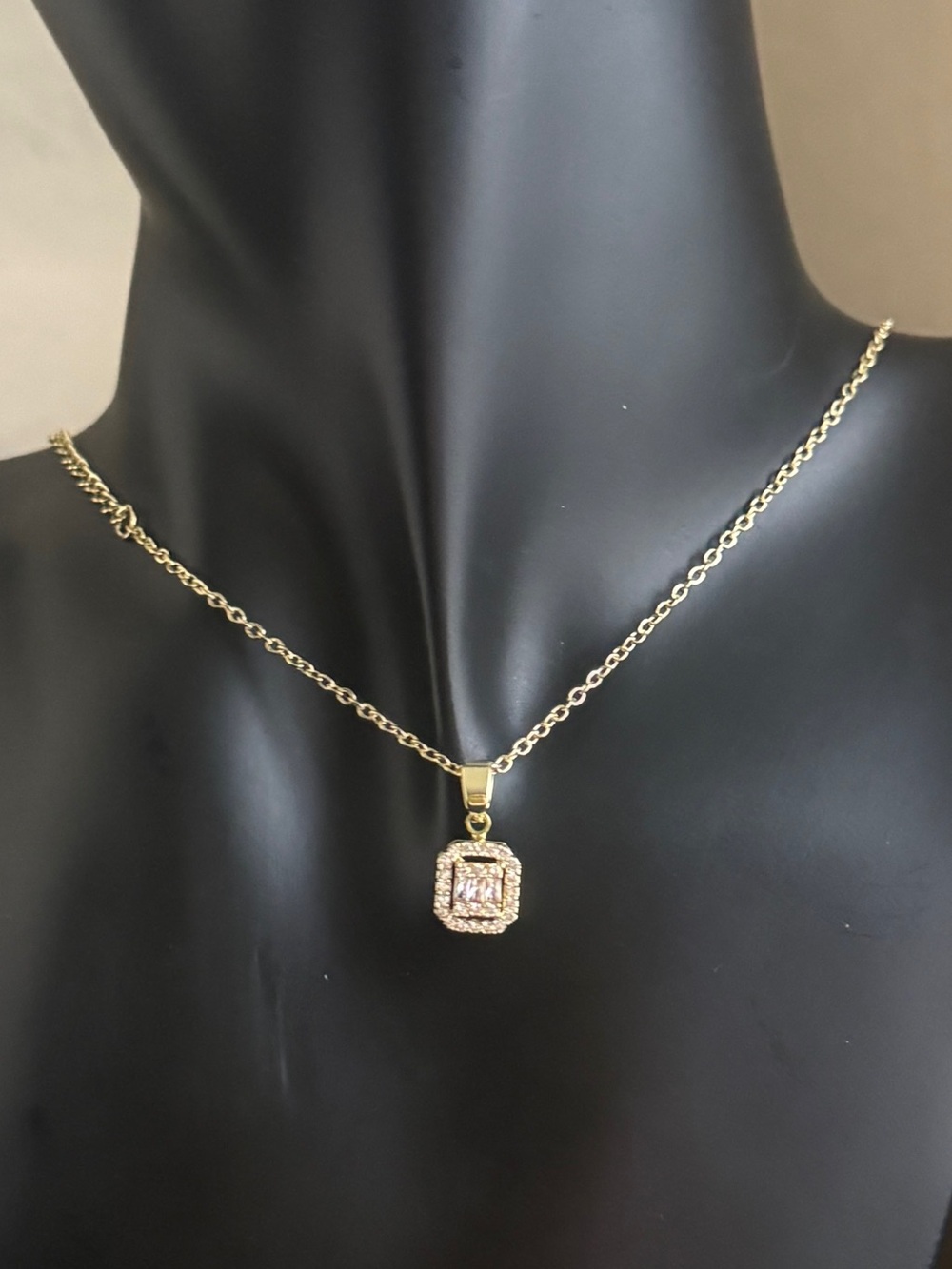18K Gold Plated CZ Emerald Cut Pendant Necklace 16-18”